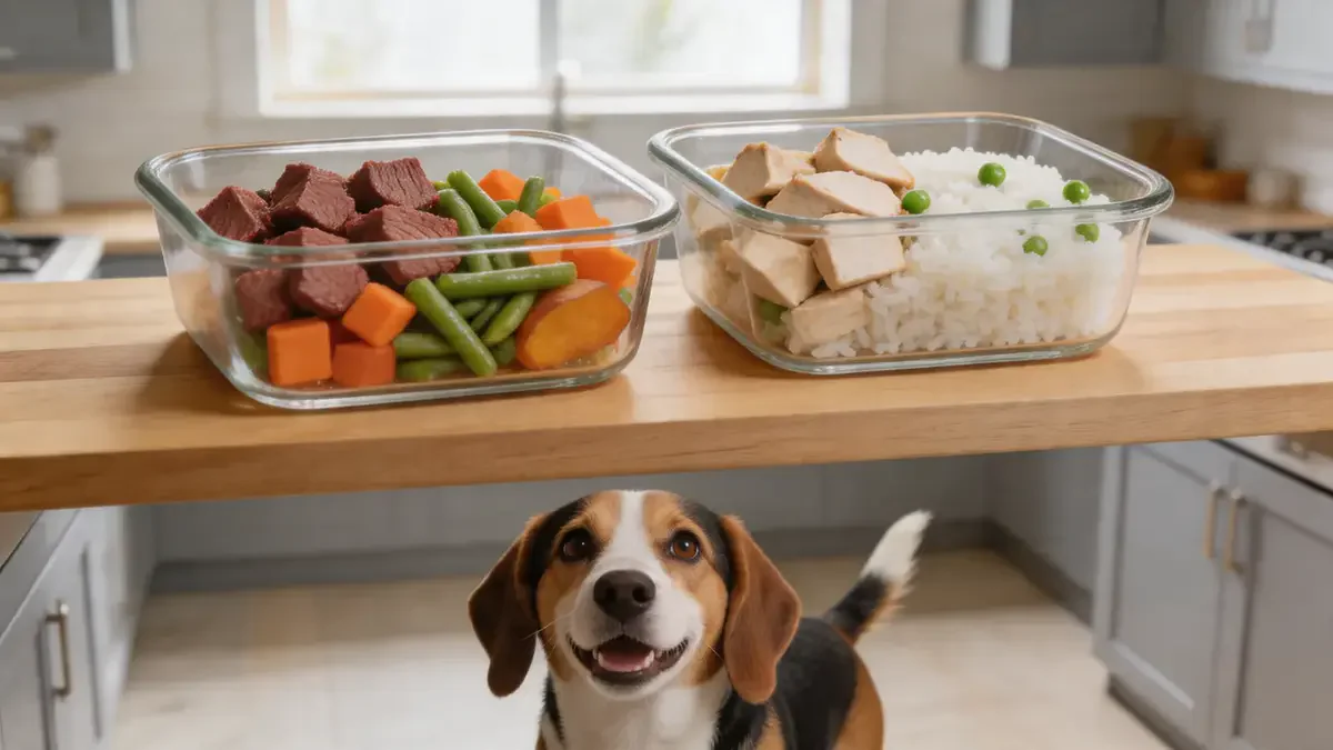 Two freeze-dried raw dog food bags side by side on a kitchen counter with a beagle looking up