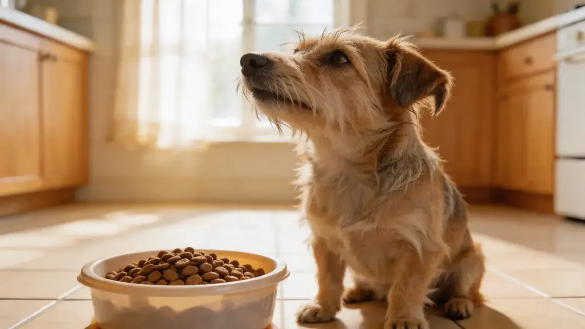 Small scruffy terrier turning away from a bowl of food
