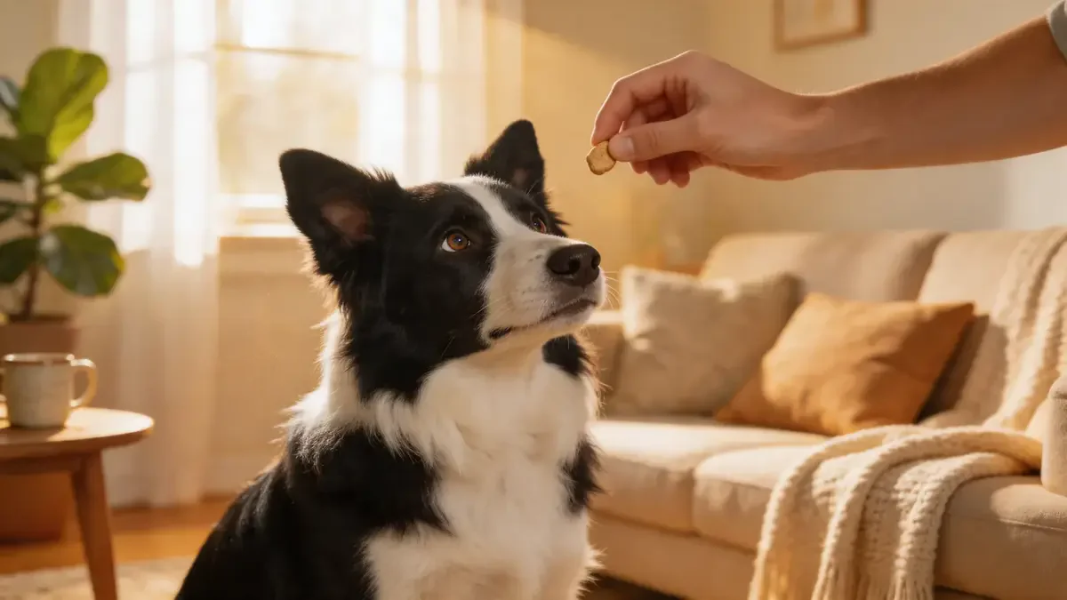 Border collie focused and calm with a KONG toy on a hardwood floor