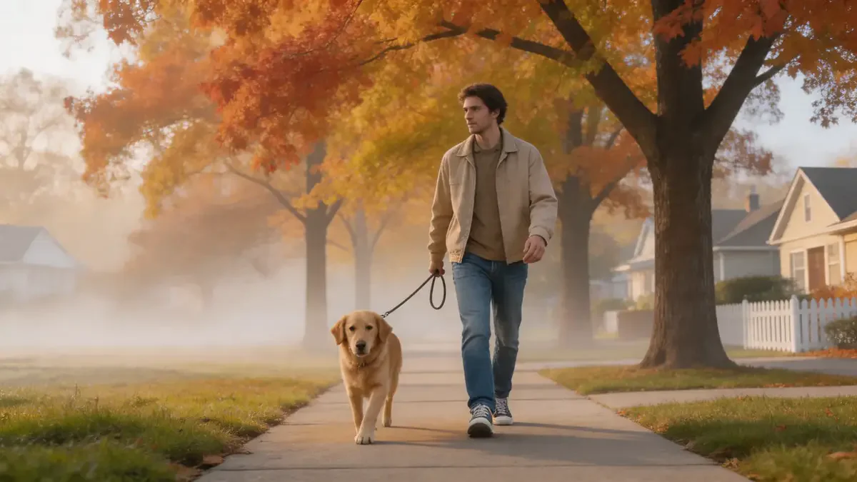 Person walking a calm dog on a loose leash in the early morning