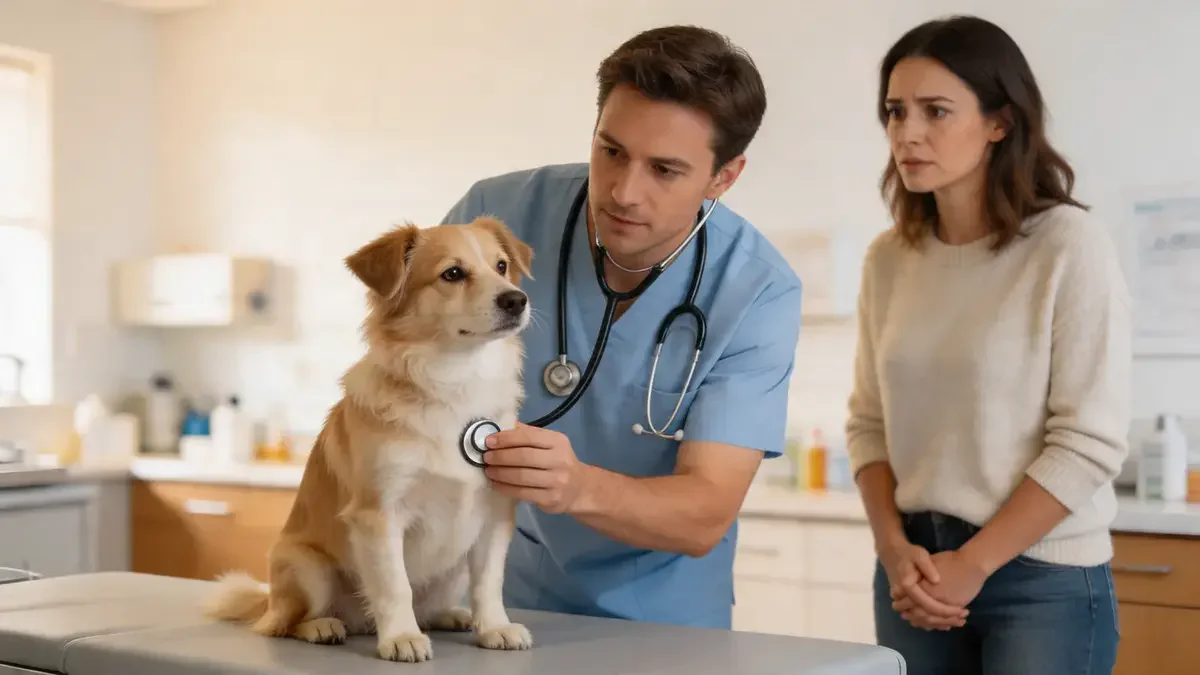 Veterinarian examining a dog in a clinic with owner nearby