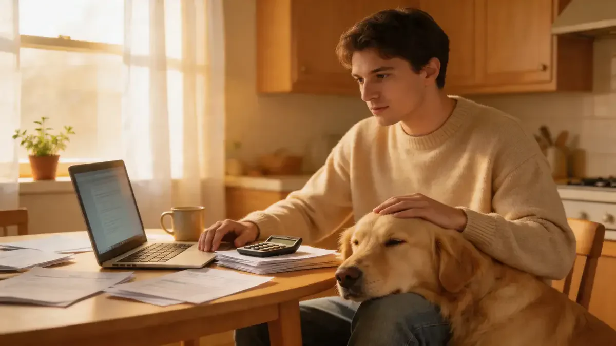 Person at kitchen table with laptop and paperwork with a dog nearby