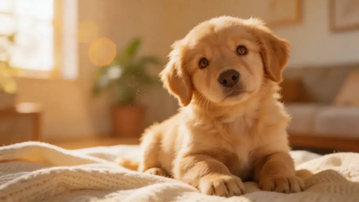 Golden retriever puppy sitting on a blanket in a sunlit room