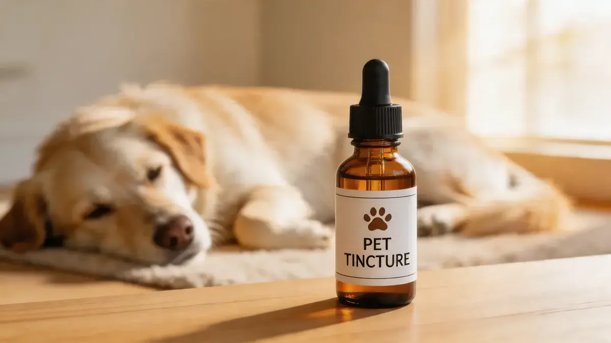 Amber dropper bottle on wooden counter with calm dog in background