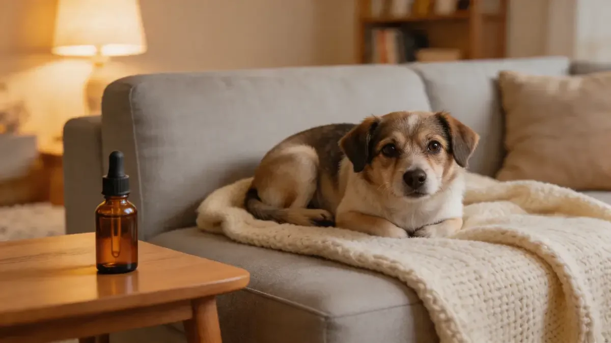 Anxious rescue dog curled on a blanket on a couch with a dropper bottle nearby