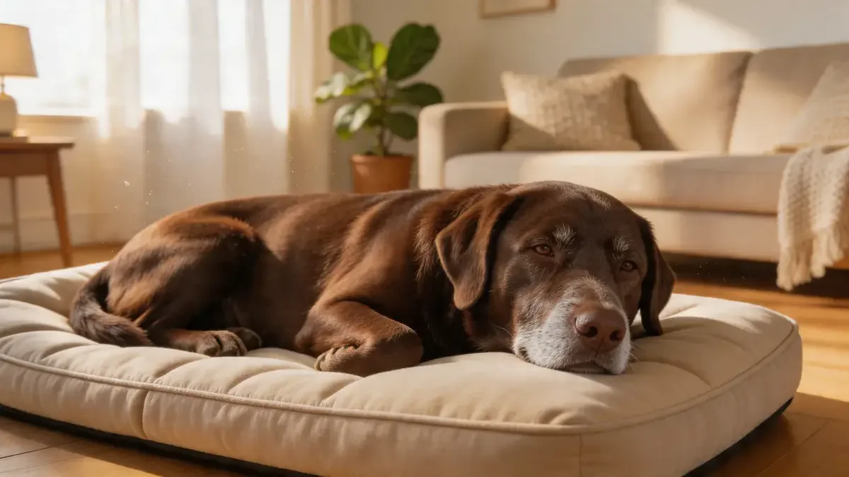 Senior chocolate labrador lying comfortably on an orthopedic dog bed