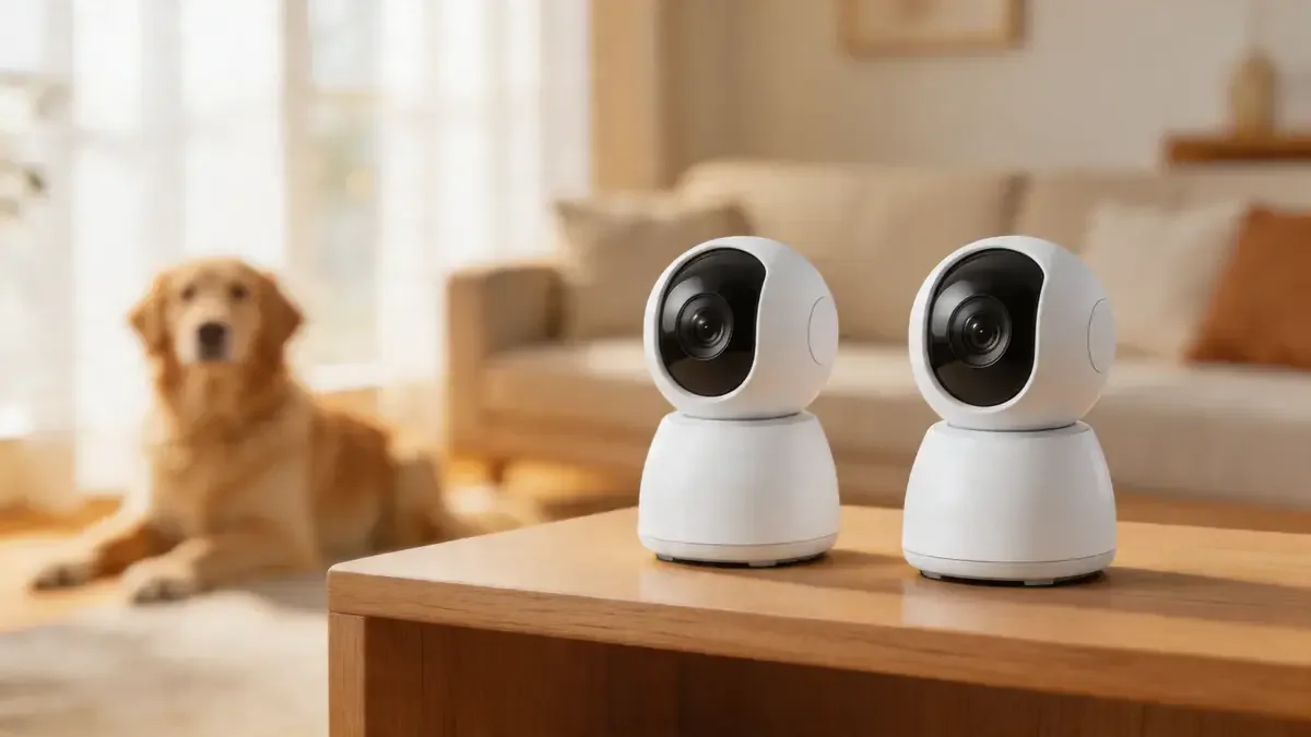 Two pet cameras side by side on a wooden shelf