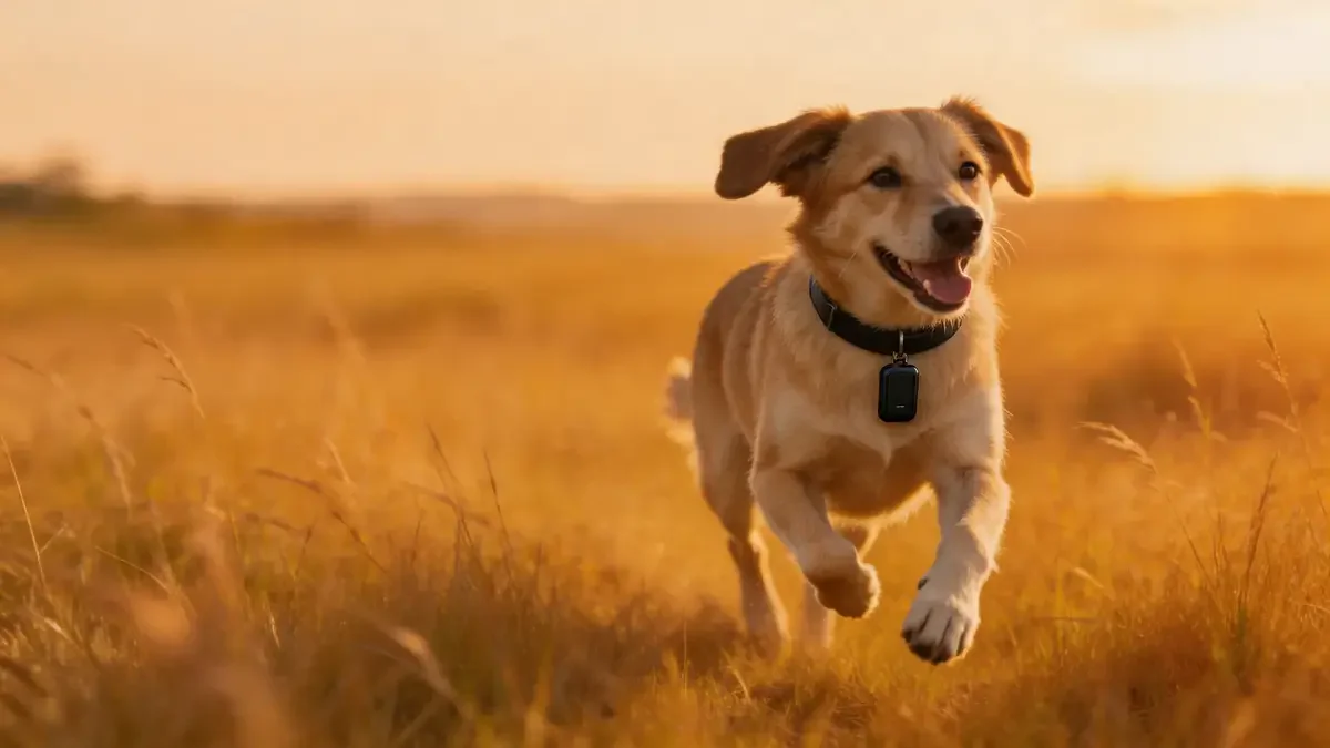 Medium mixed breed dog running through tall grass wearing a GPS collar