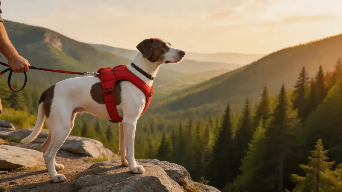 Shorthaired pointer wearing a red padded harness on a mountain trail