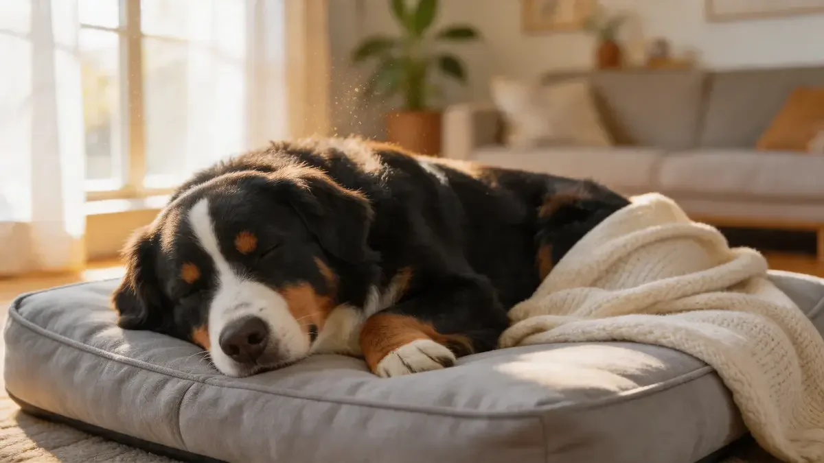 Bernese mountain dog sleeping on an orthopedic dog bed