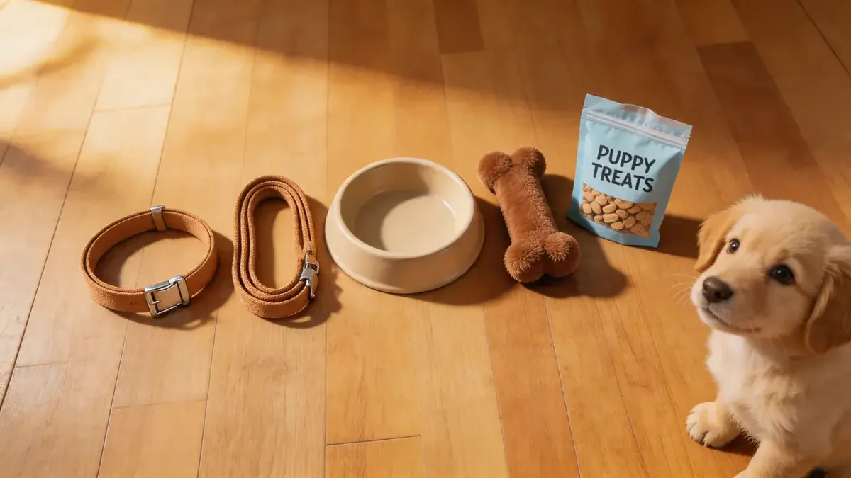 Flat lay of puppy essentials on a wooden floor with a curious puppy