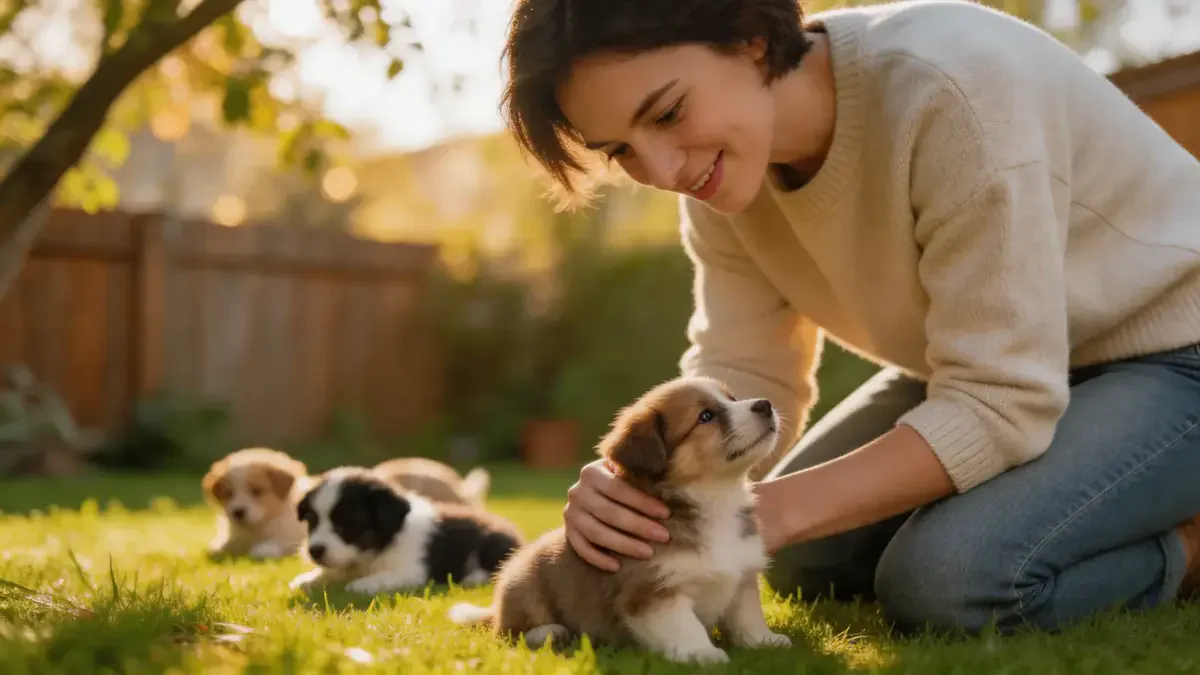 Person kneeling on grass with a litter of mixed breed puppies