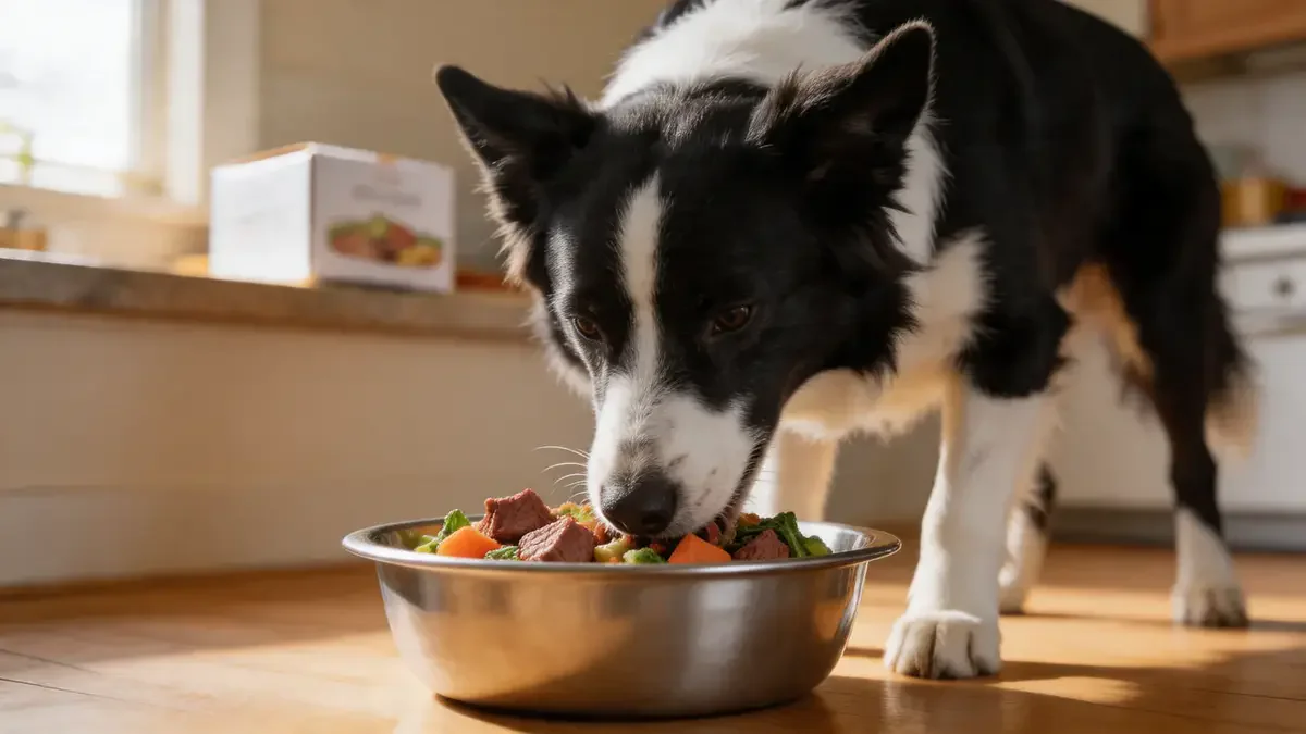Border collie mix eating fresh beef and vegetables from a stainless steel bowl