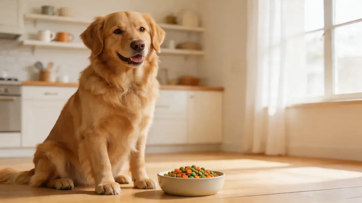 Happy golden retriever next to a ceramic bowl of freeze-dried raw dog food in a kitchen