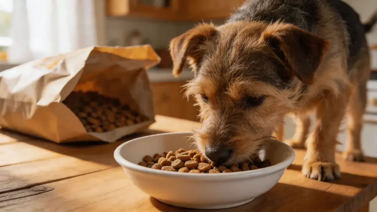 Terrier mix eating high-protein kibble from a ceramic bowl on a kitchen table