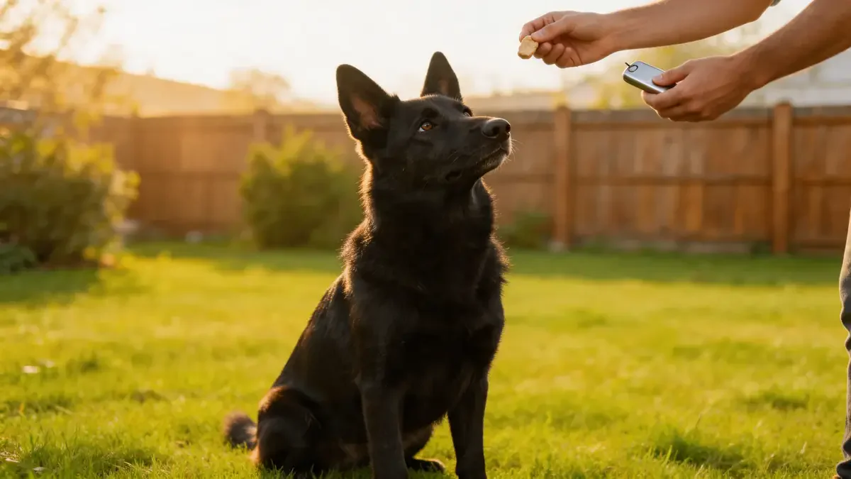 Dog sitting attentively outdoors during a remote training session