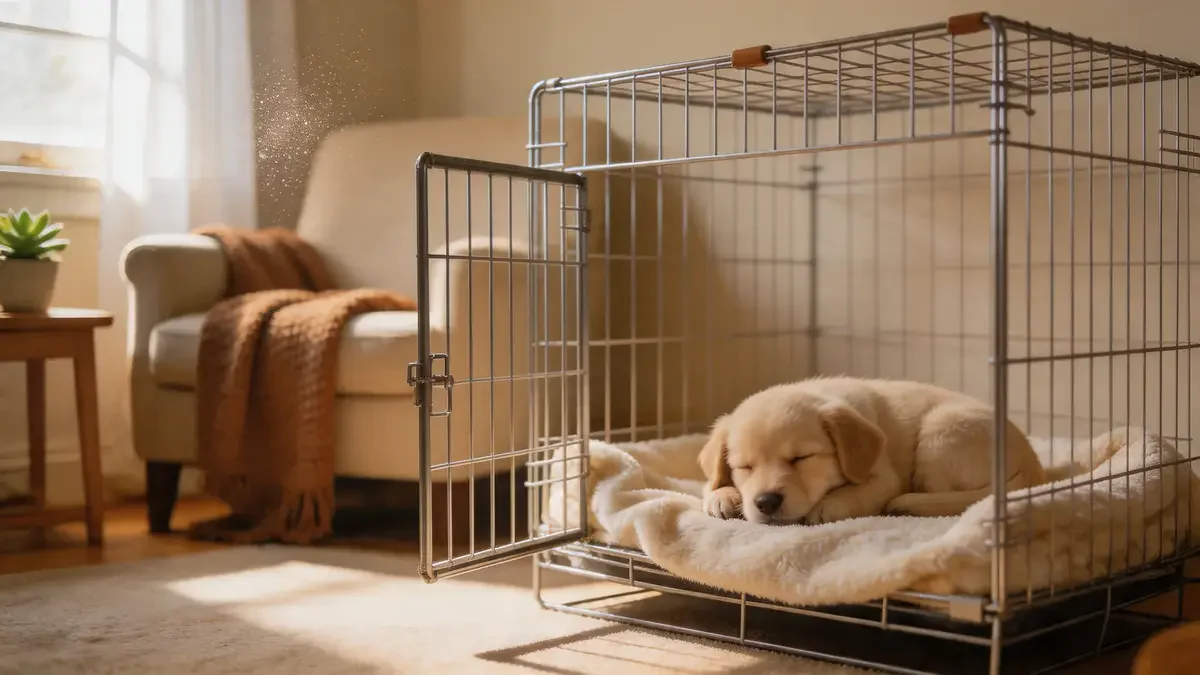 Puppy lying peacefully inside a wire crate with a soft blanket
