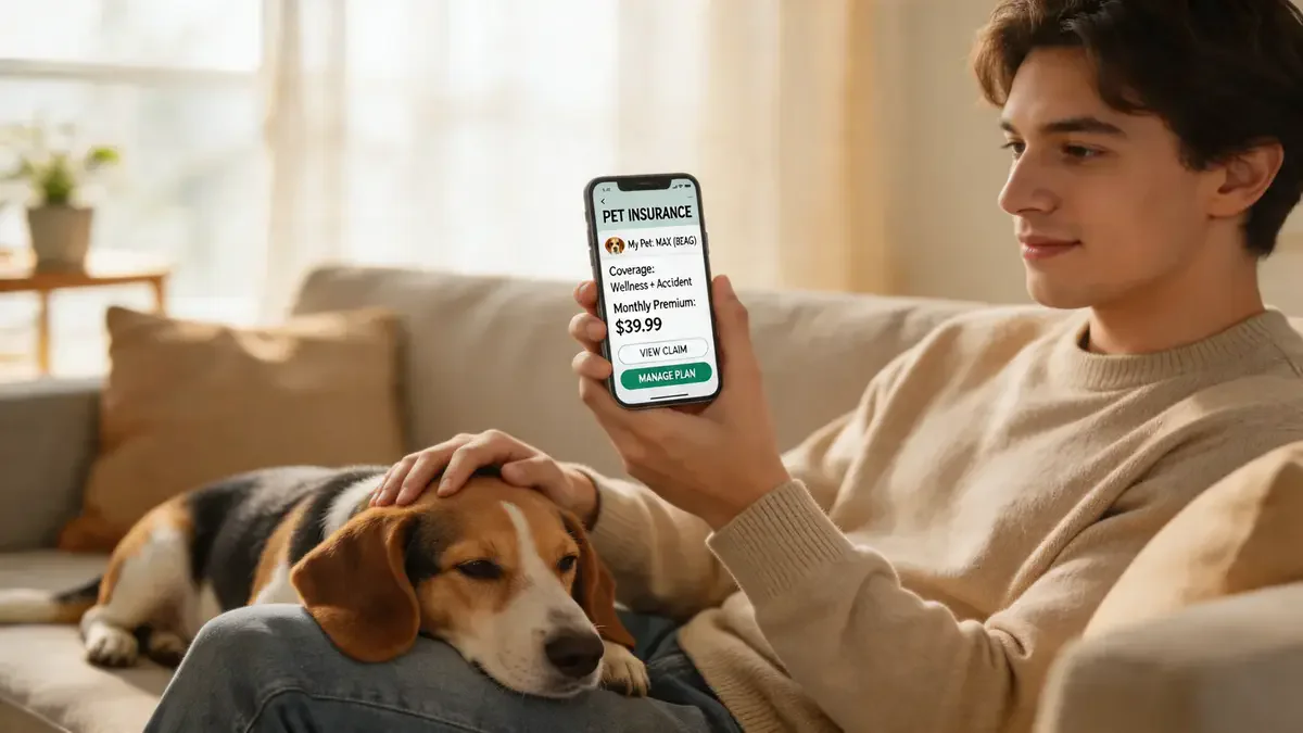 Person with a smartphone showing a pet insurance app with a beagle nearby