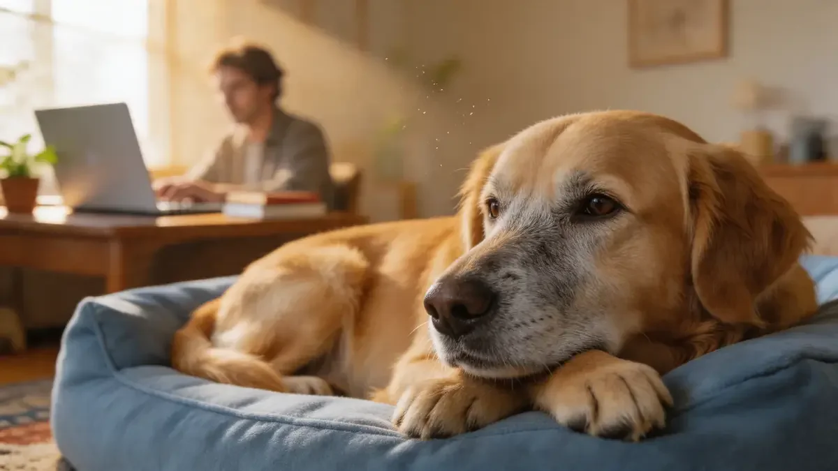 Grey muzzled senior golden retriever lying on a dog bed