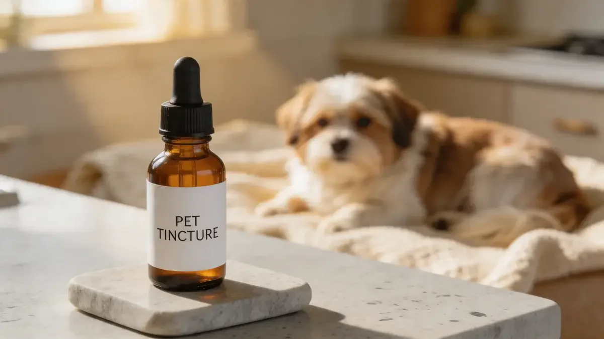 Amber dropper bottle on a stone counter with calm dog in background