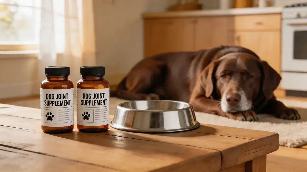 Two joint supplement bottles and a food bowl on a rustic wooden counter