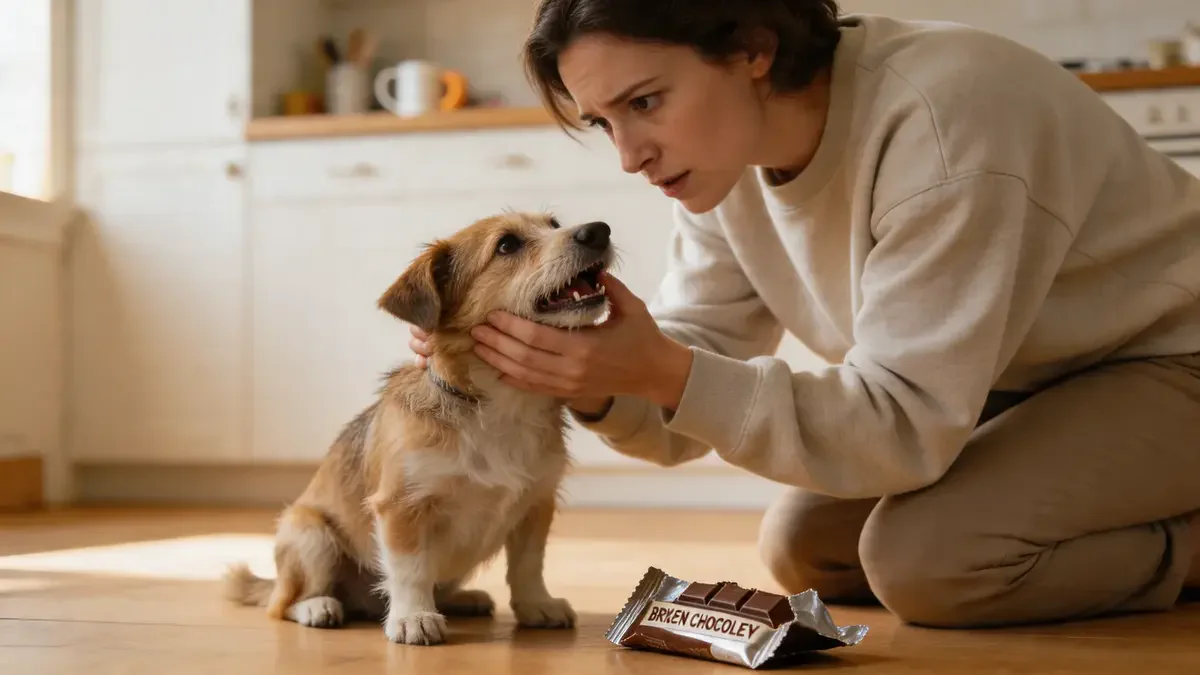 Concerned pet parent kneeling next to their dog on a kitchen floor
