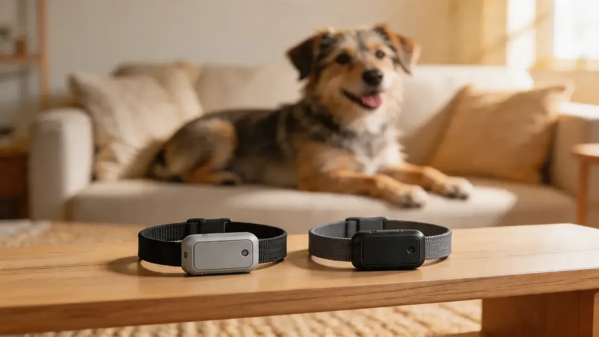 Two GPS dog tracker collars side by side on a wooden shelf