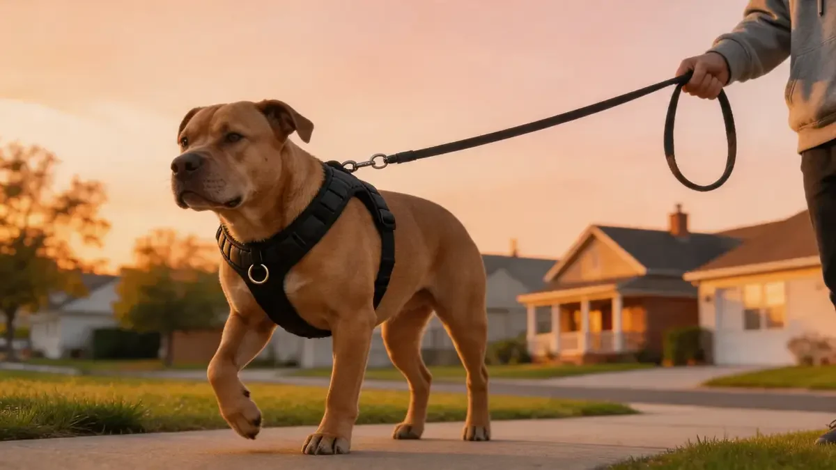 Pitbull mix walking calmly on a loose leash wearing a training harness