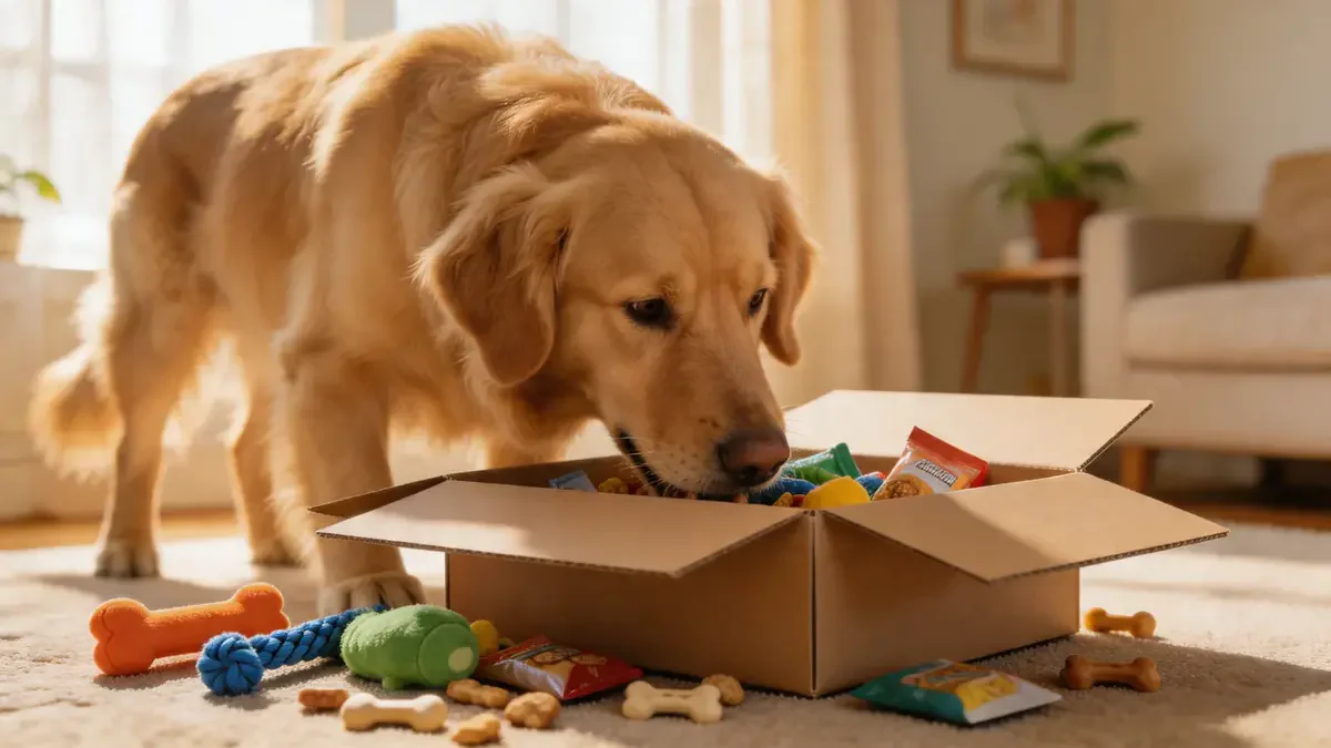 Dog investigating a subscription box full of toys on a living room floor