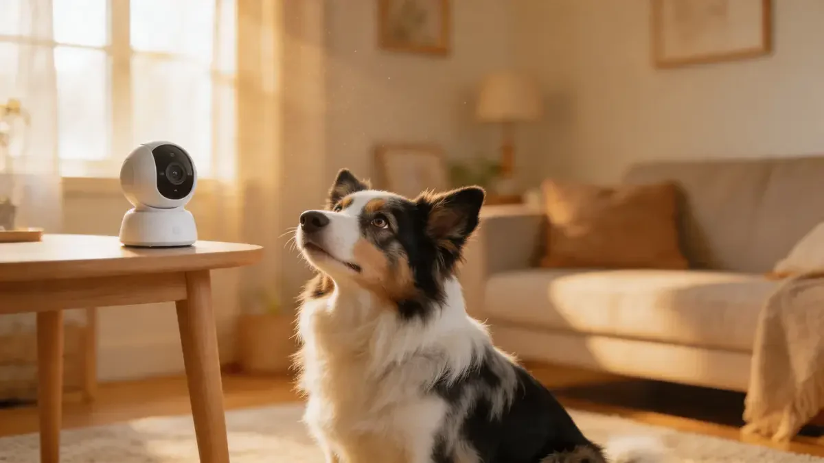 Small white pet camera on a side table with an Australian shepherd nearby