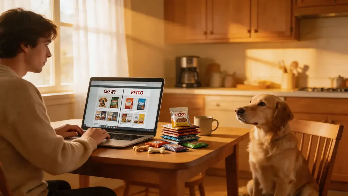 Person comparing two online shopping sites with a dog nearby