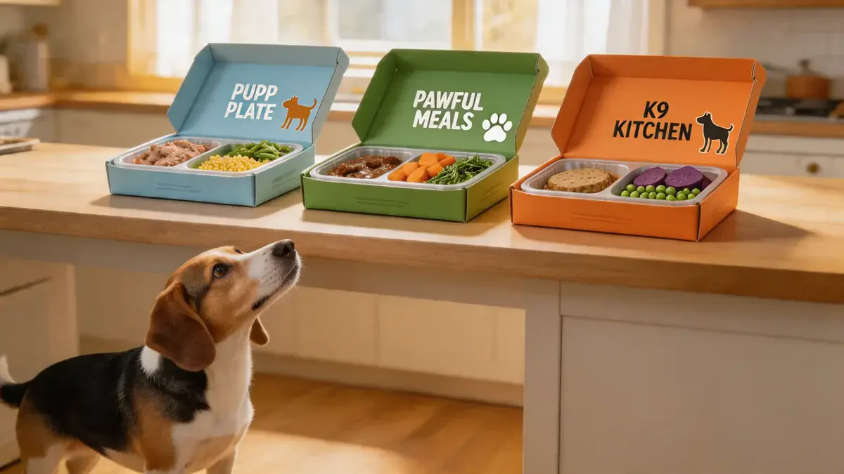Three different subscription dog food deliveries on a kitchen counter
