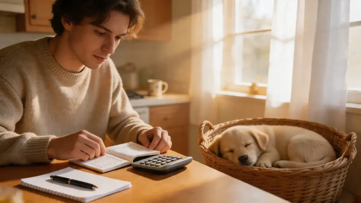 Person at a kitchen table with a calculator and a sleeping puppy nearby
